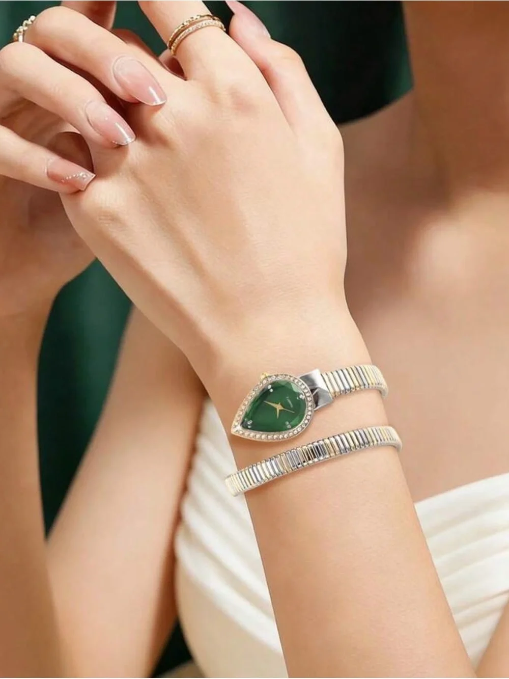 Anthropologie Two-Tone Gold & Silver Teardrop Green Dial Crystal Watch